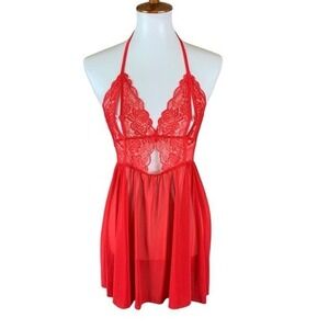 Ann Summers Red Lace Sheer Babydoll Lingerie Halter Nightie Small Sexy Sleepwear